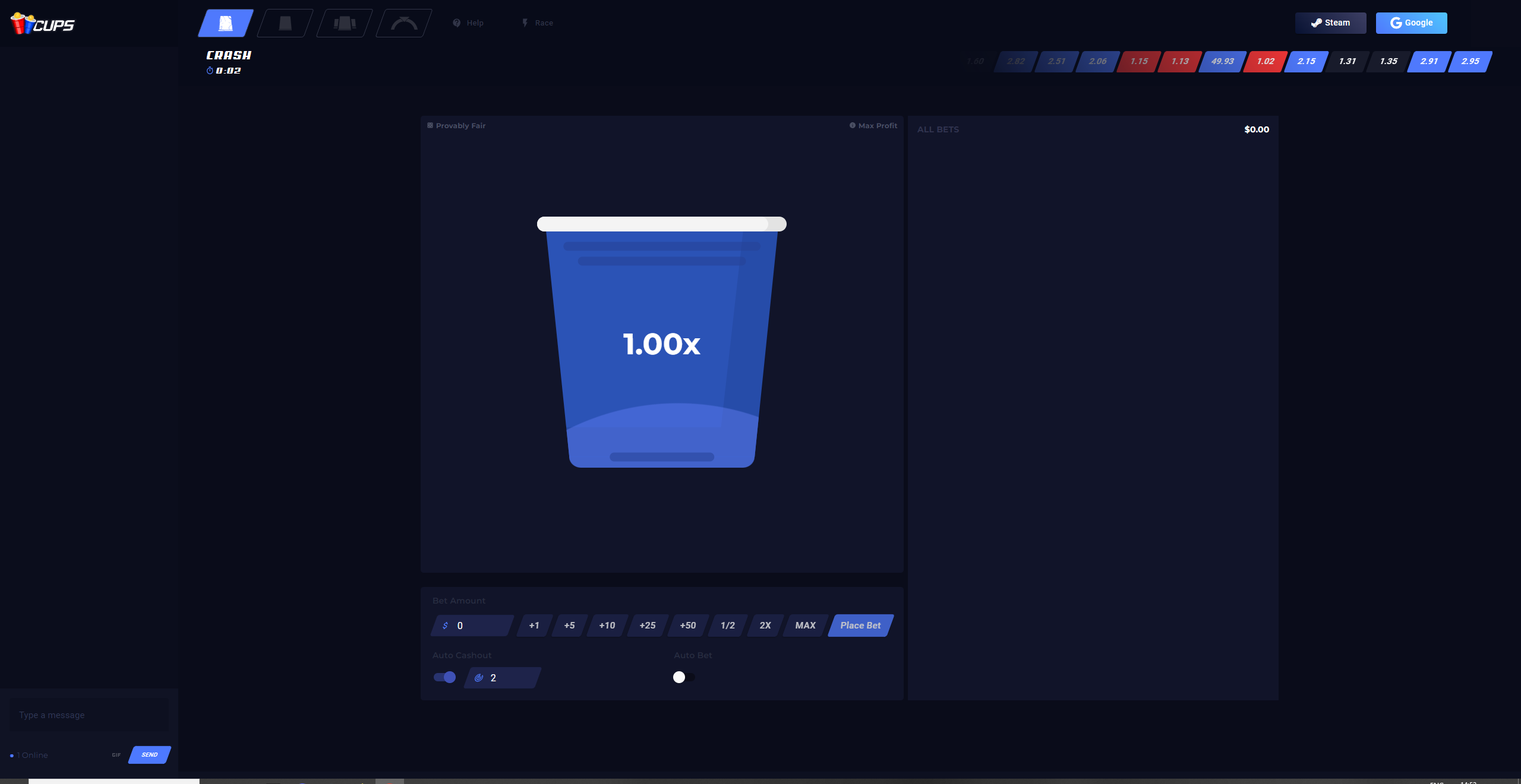 Screenshot of the Cups.gg casino script interface showcasing a variety of casino games, including Crash, Cups, Shuffle, and Wheel, with features such as interactive chat, referral system, and payment options.