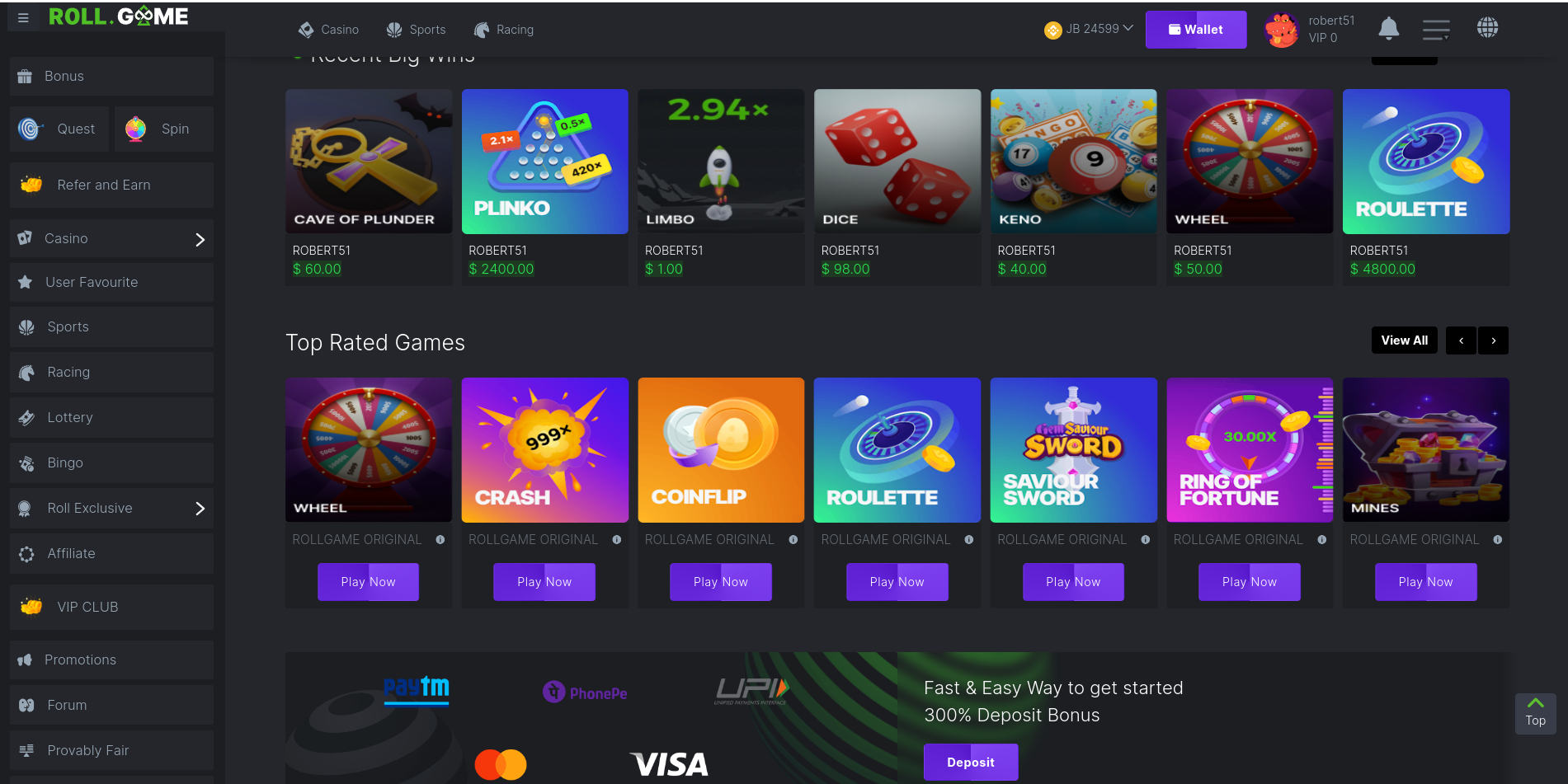 Casino Script Main Page Showing Various Games