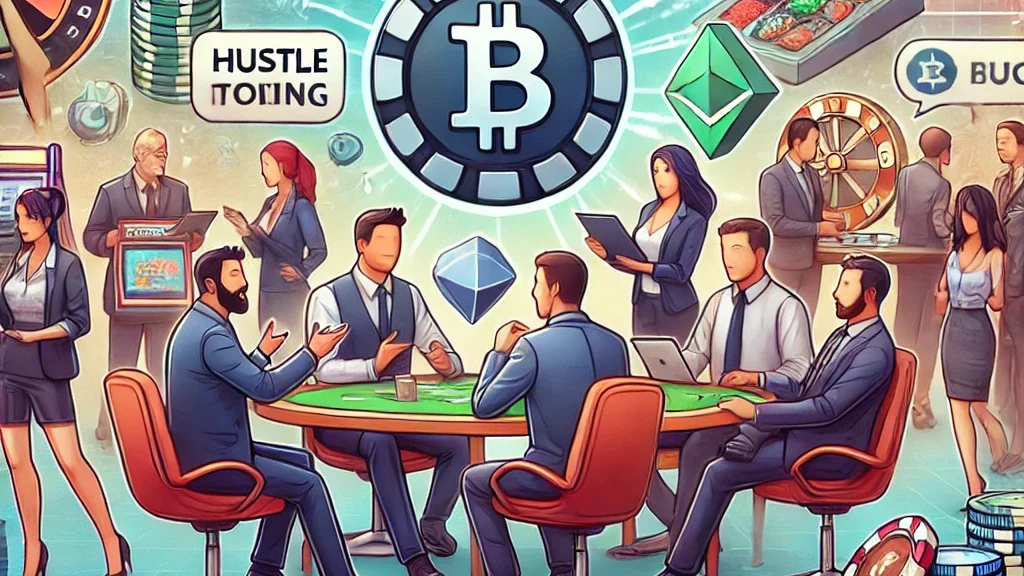 Visual of a cryptocurrency-themed casino marketing campaign, featuring bold graphics and promotional content that captures the hustle culture and entrepreneurial spirit driving the rise of crypto casinos.

