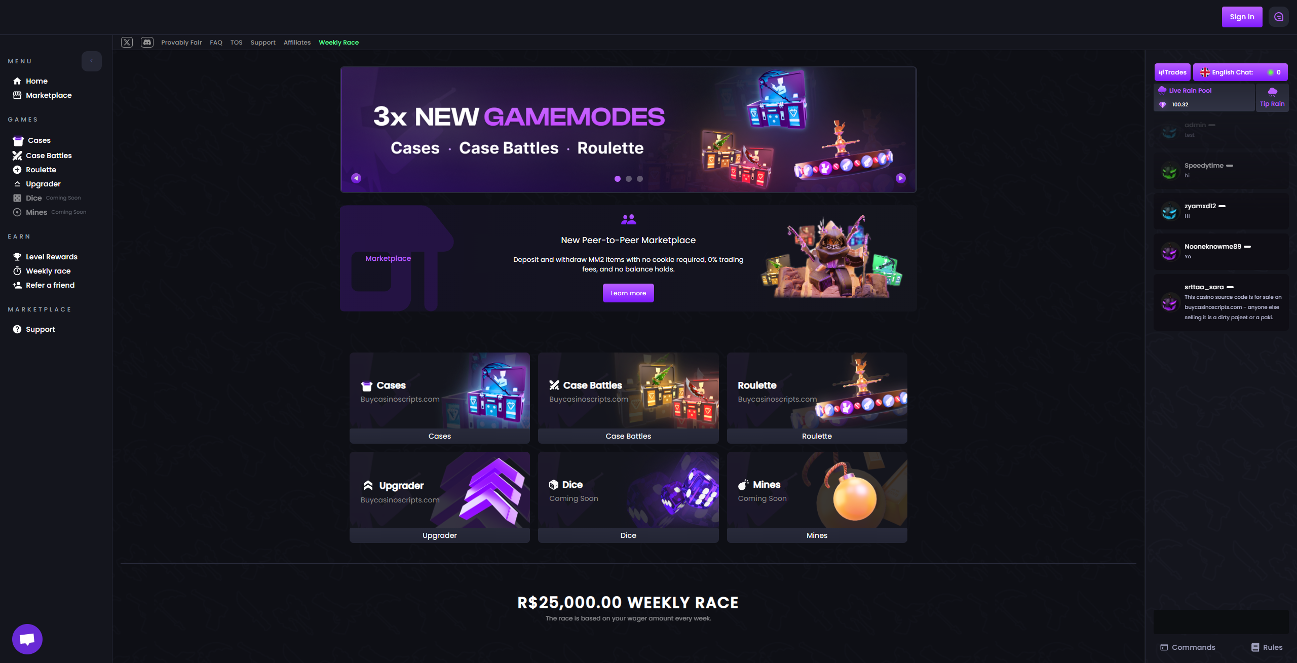 Gaming platform homepage with multiple game modes